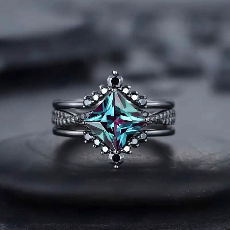 3-teiliges Set: Schwarzer quadratischer Faux-Blue-Zirconia-Ring im Retro-Luxus-Stil