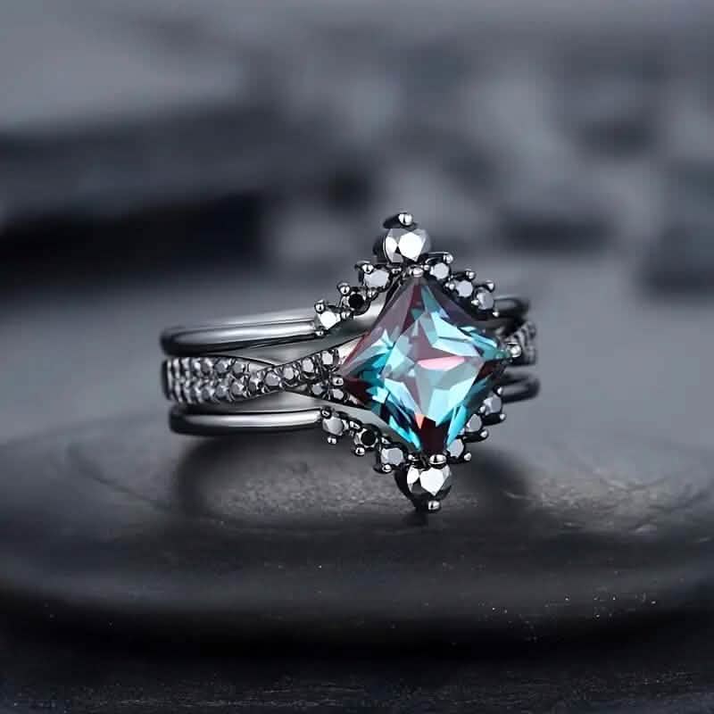 3-teiliges Set: Schwarzer quadratischer Faux-Blue-Zirconia-Ring im Retro-Luxus-Stil