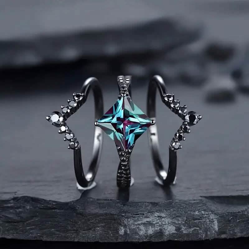 3-teiliges Set: Schwarzer quadratischer Faux-Blue-Zirconia-Ring im Retro-Luxus-Stil