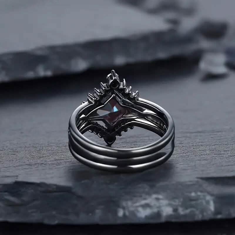 3-teiliges Set: Schwarzer quadratischer Faux-Blue-Zirconia-Ring im Retro-Luxus-Stil