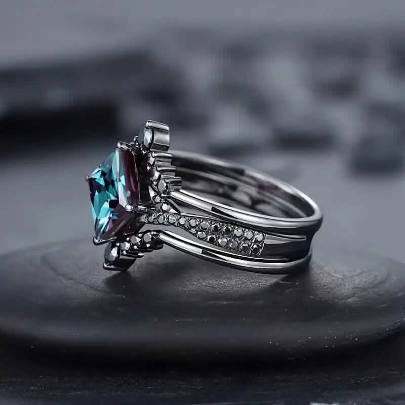 3-teiliges Set: Schwarzer quadratischer Faux-Blue-Zirconia-Ring im Retro-Luxus-Stil