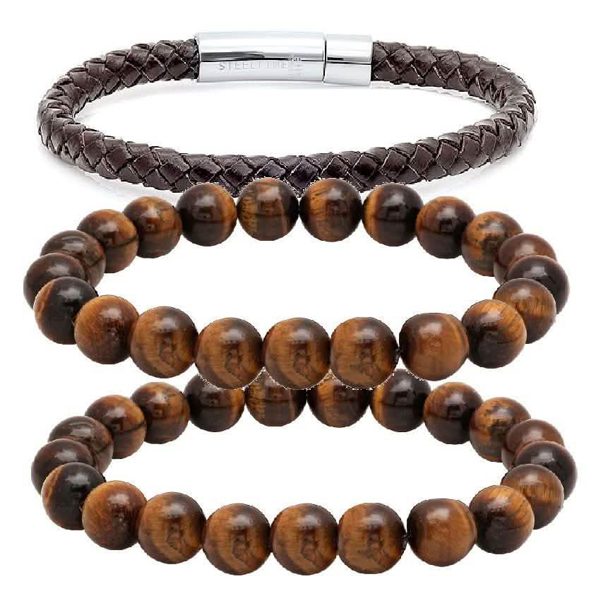 3-teiliges Set: Braunes Leder, Edelstahl & Echtes Tigerauge Perlenarmband-Set
