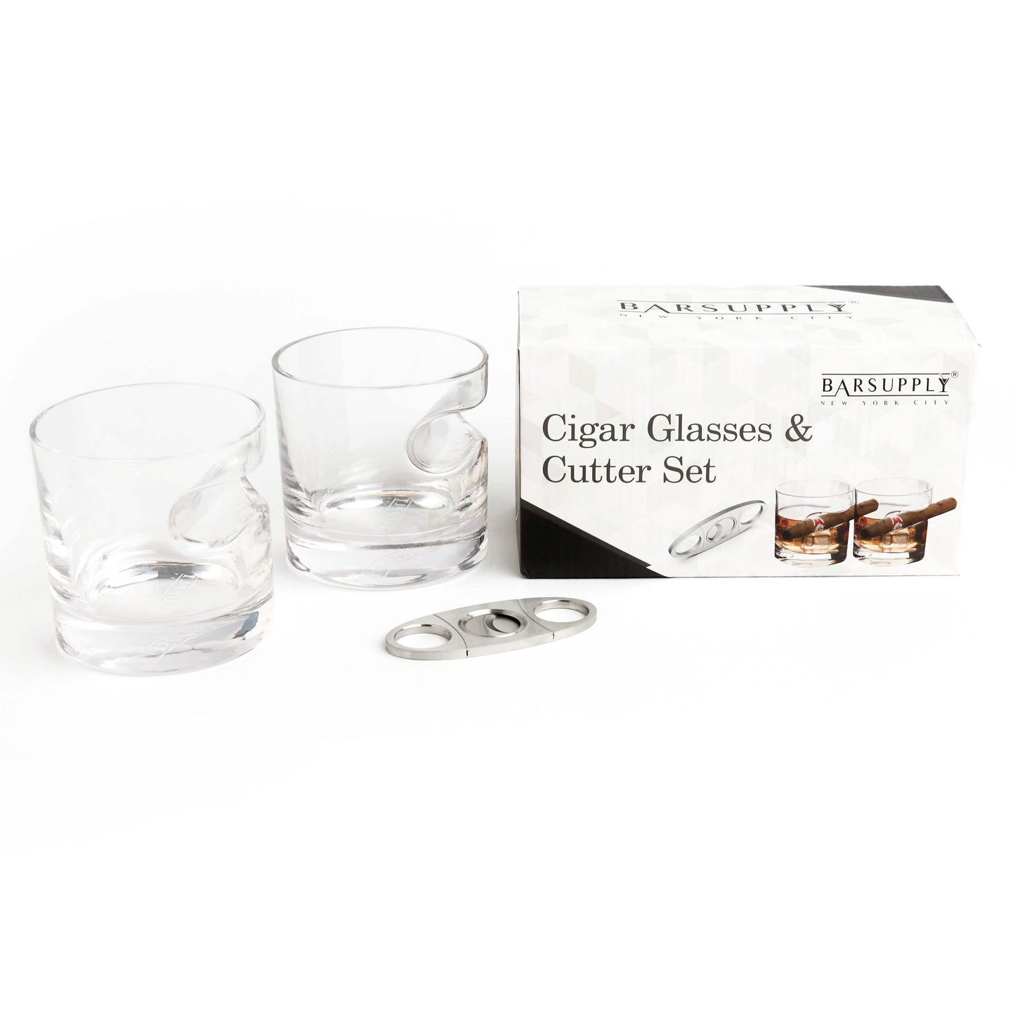 3-teiliges Set: Whiskygläser mit Zigarrenhalter und Zigarrenschneider