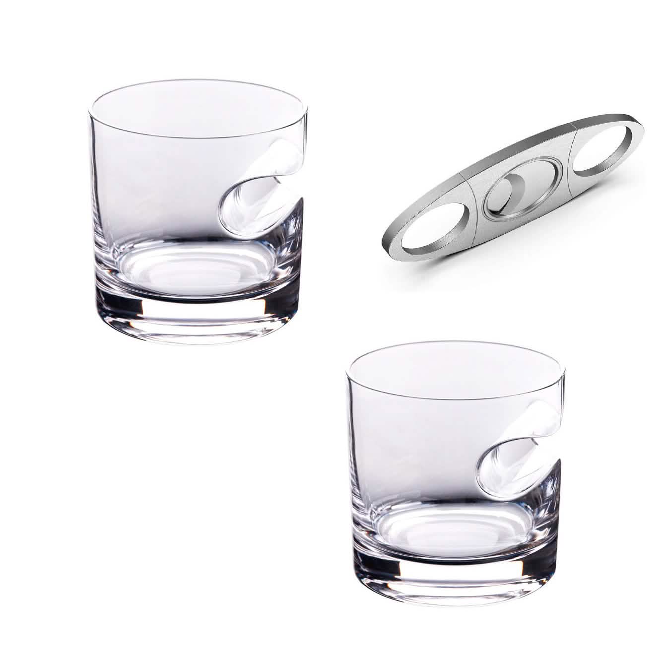 3-teiliges Set: Whiskygläser mit Zigarrenhalter und Zigarrenschneider