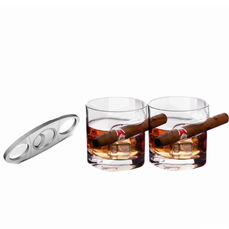 3-teiliges Set: Whiskygläser mit Zigarrenhalter und Zigarrenschneider