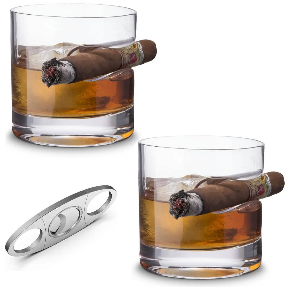 3-teiliges Set: Whiskygläser mit Zigarrenhalter und Zigarrenschneider