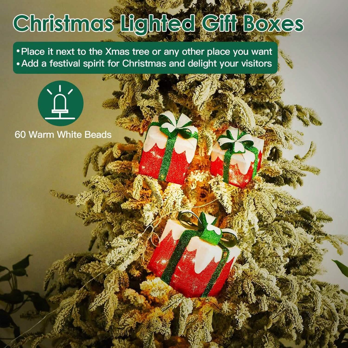 3er-Set: Leuchtende Geschenkboxen Weihnachtsdeko IP44 mit 3 Schleifen Timer 60 LEDs