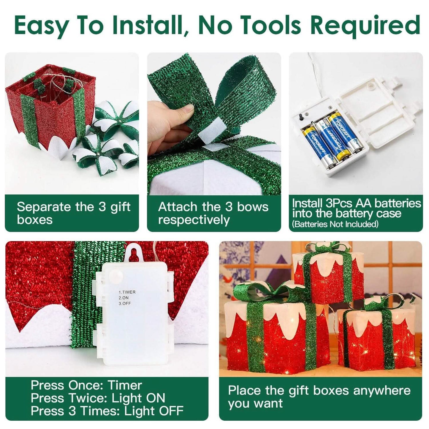 3er-Set: Leuchtende Geschenkboxen Weihnachtsdeko IP44 mit 3 Schleifen Timer 60 LEDs