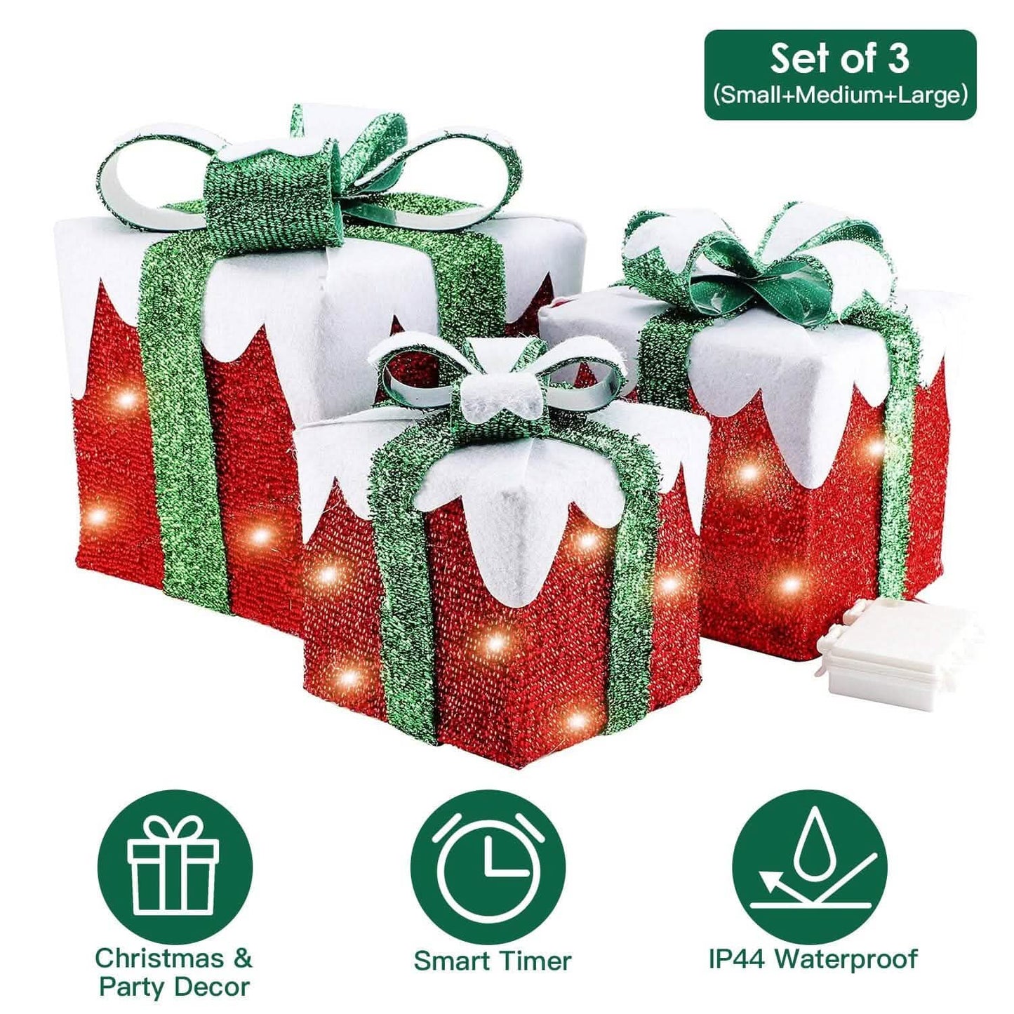 3er-Set: Leuchtende Geschenkboxen Weihnachtsdeko IP44 mit 3 Schleifen Timer 60 LEDs