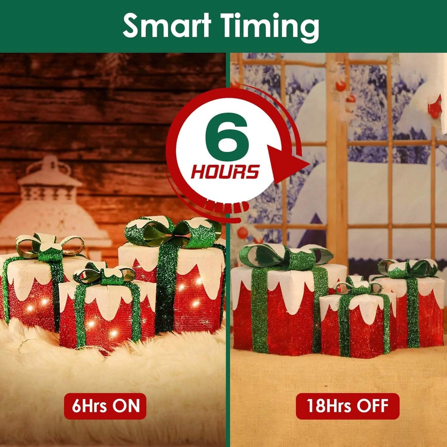 3er-Set: Leuchtende Geschenkboxen Weihnachtsdeko IP44 mit 3 Schleifen Timer 60 LEDs