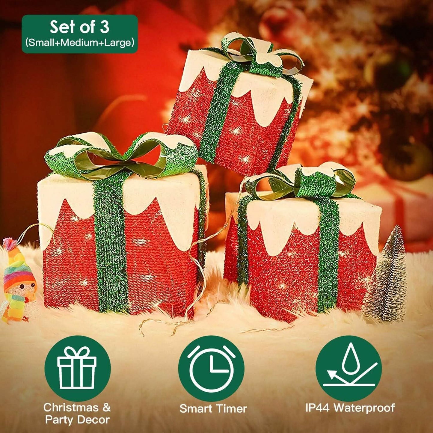 3er-Set: Leuchtende Geschenkboxen Weihnachtsdeko IP44 mit 3 Schleifen Timer 60 LEDs