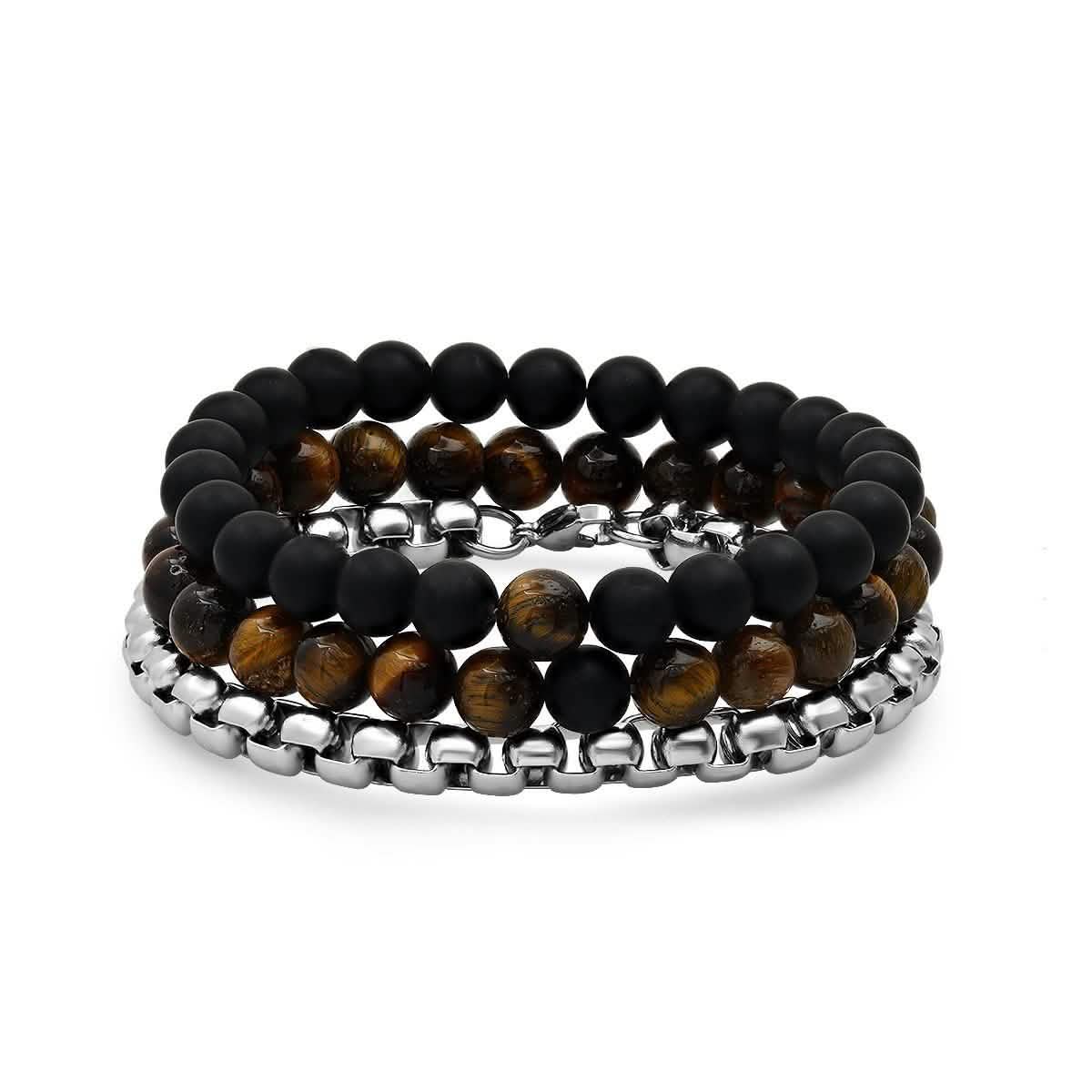 3er-Set: Herrenarmbänder aus schwarzem Lavastein