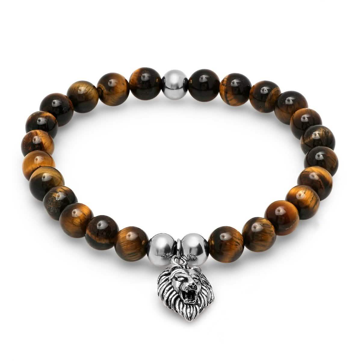 3-teiliges Set: Tigerauge- und schwarzes Lava-Armband mit Löwenkopf aus Edelstahl
