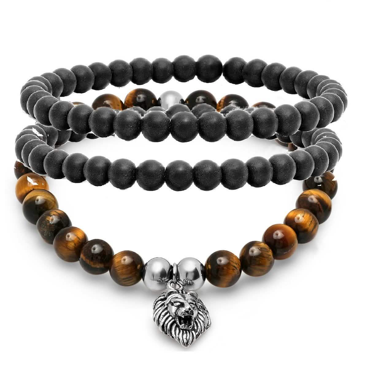 3-teiliges Set: Tigerauge- und schwarzes Lava-Armband mit Löwenkopf aus Edelstahl