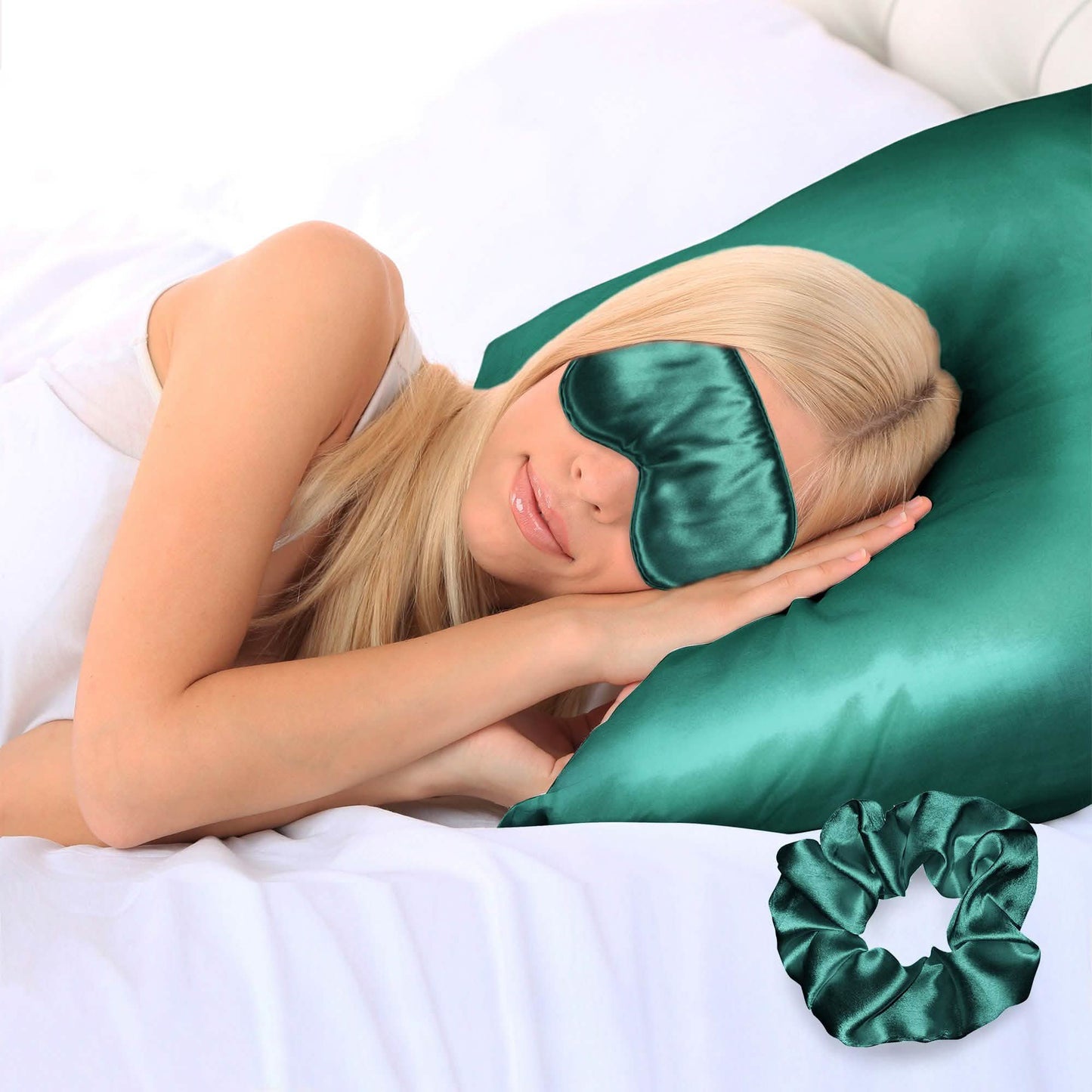 3-teilig: Superweicher Luxus-Satin Kissenbezug, Schlafmaske und Scrunchie für Gesicht und Haar