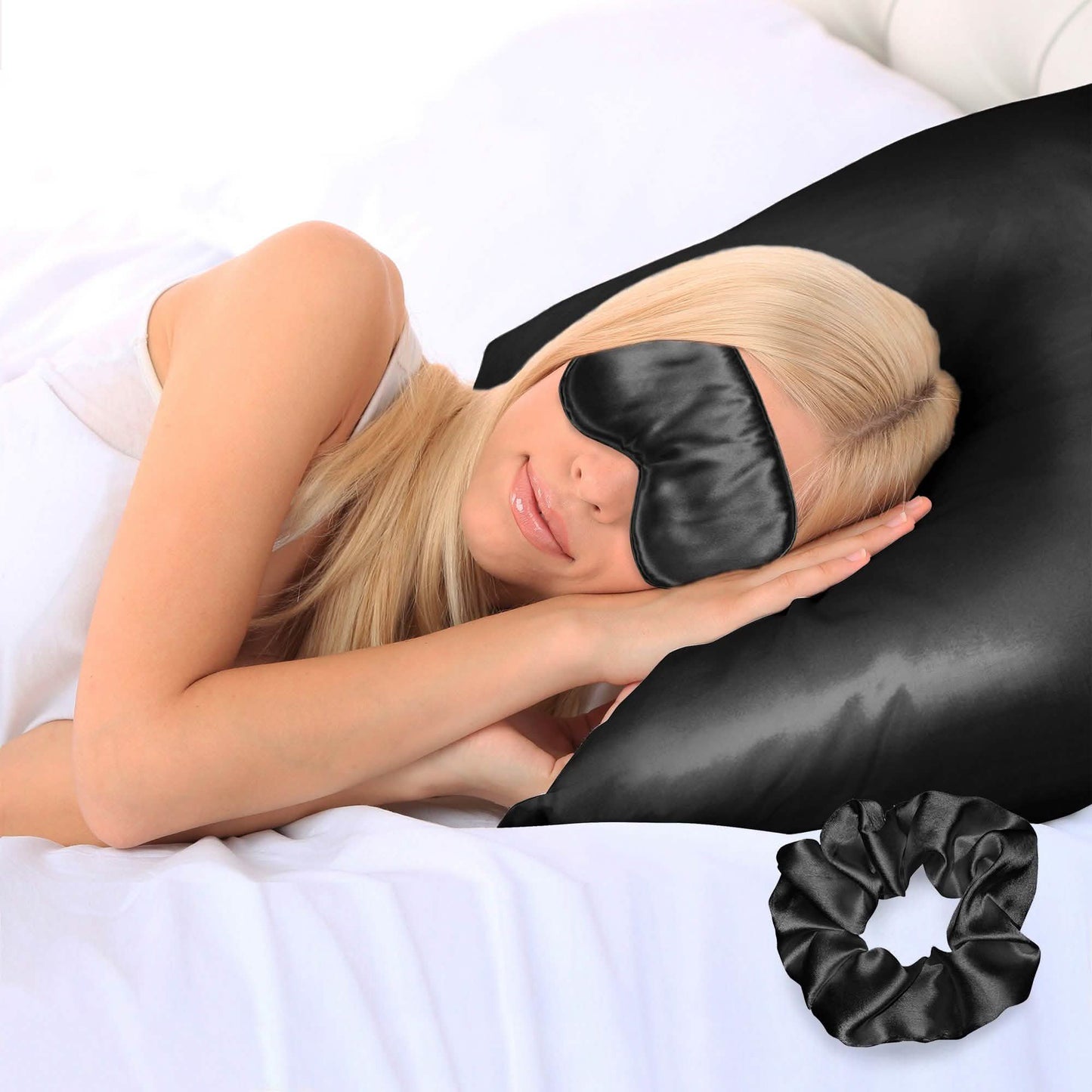 3-teilig: Superweicher Luxus-Satin Kissenbezug, Schlafmaske und Scrunchie für Gesicht und Haar
