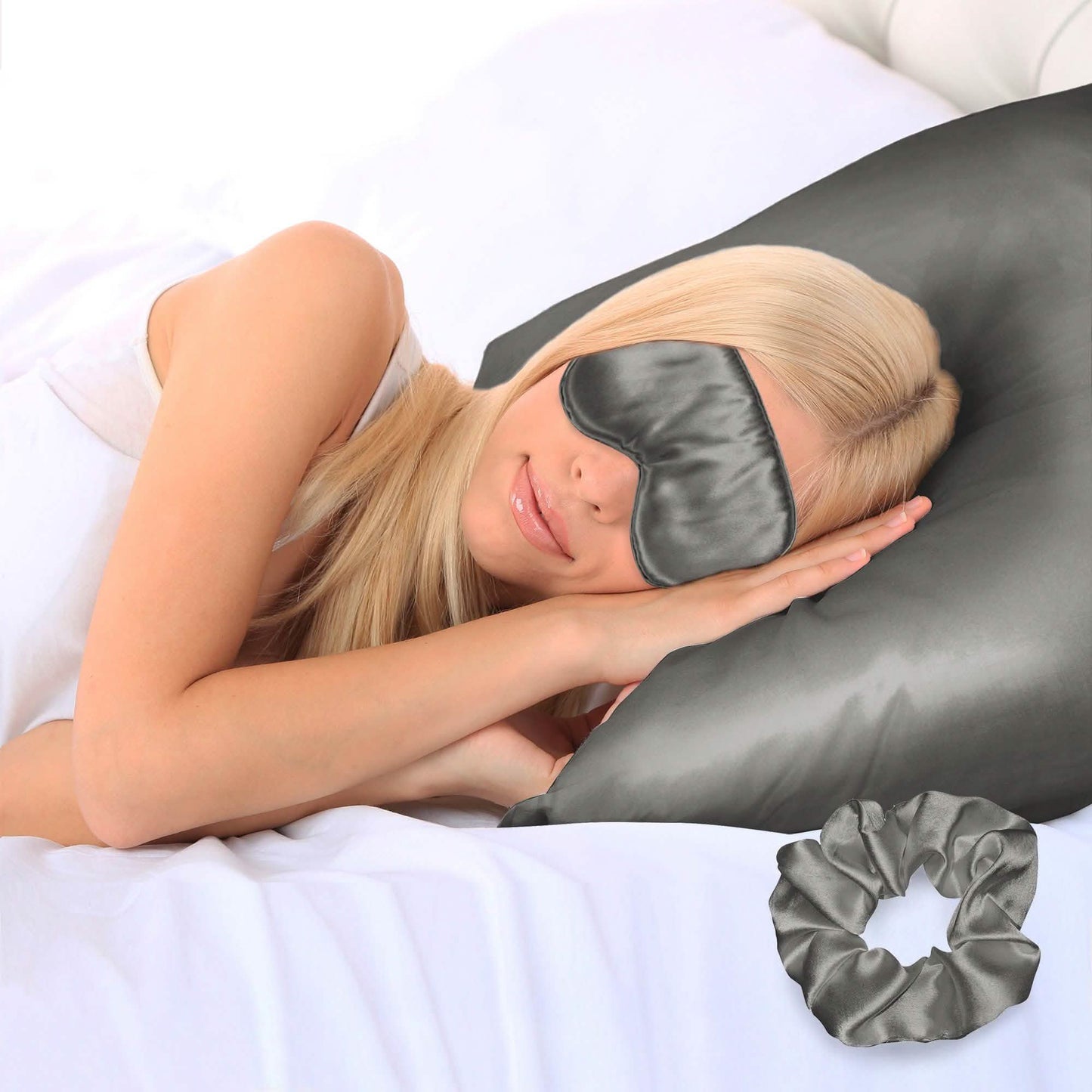 3-teilig: Superweicher Luxus-Satin Kissenbezug, Schlafmaske und Scrunchie für Gesicht und Haar