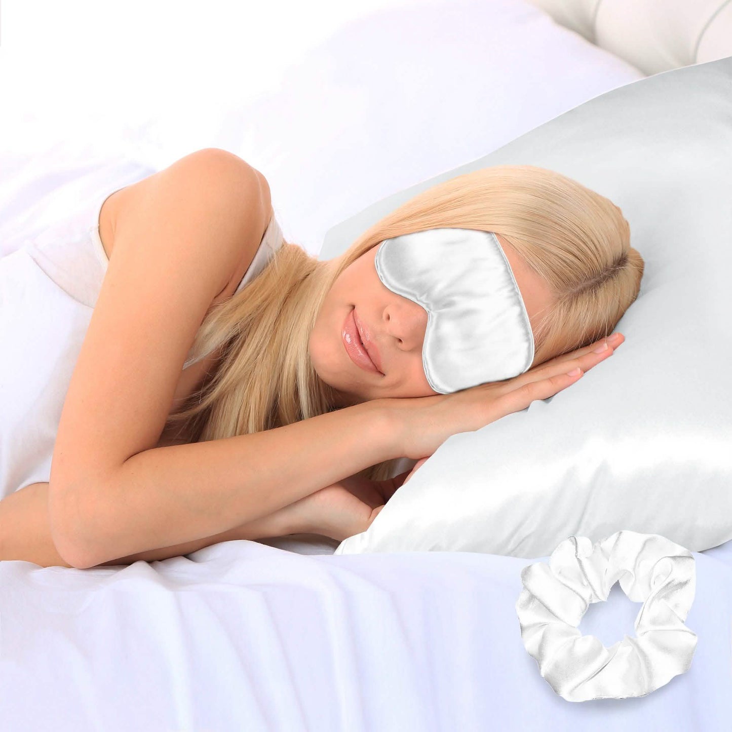 3-teilig: Superweicher Luxus-Satin Kissenbezug, Schlafmaske und Scrunchie für Gesicht und Haar