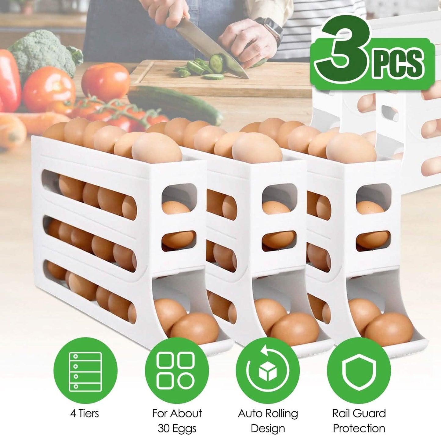 3-teilig: 4-stöckiger Eierhalter, automatisch rollender Kühlschrank-Eier-Organizer