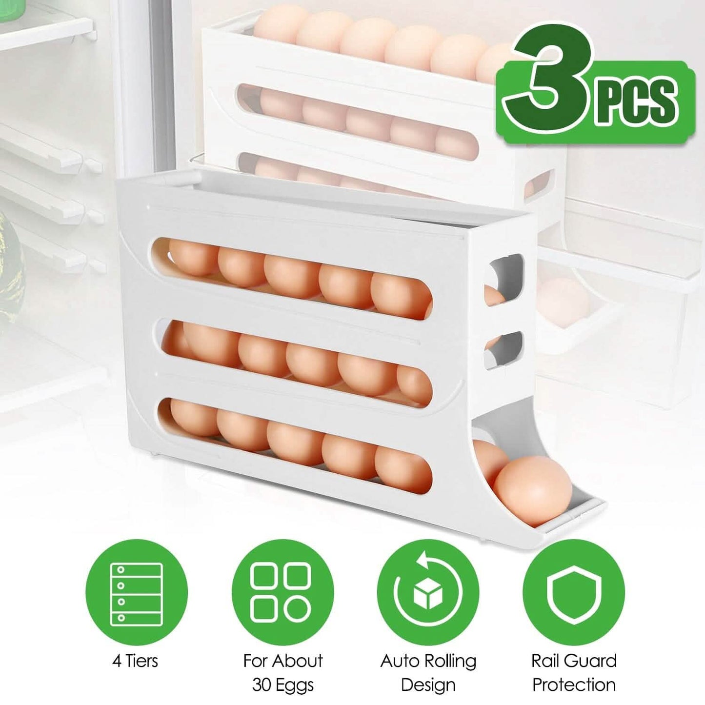 3-teilig: 4-stöckiger Eierhalter, automatisch rollender Kühlschrank-Eier-Organizer