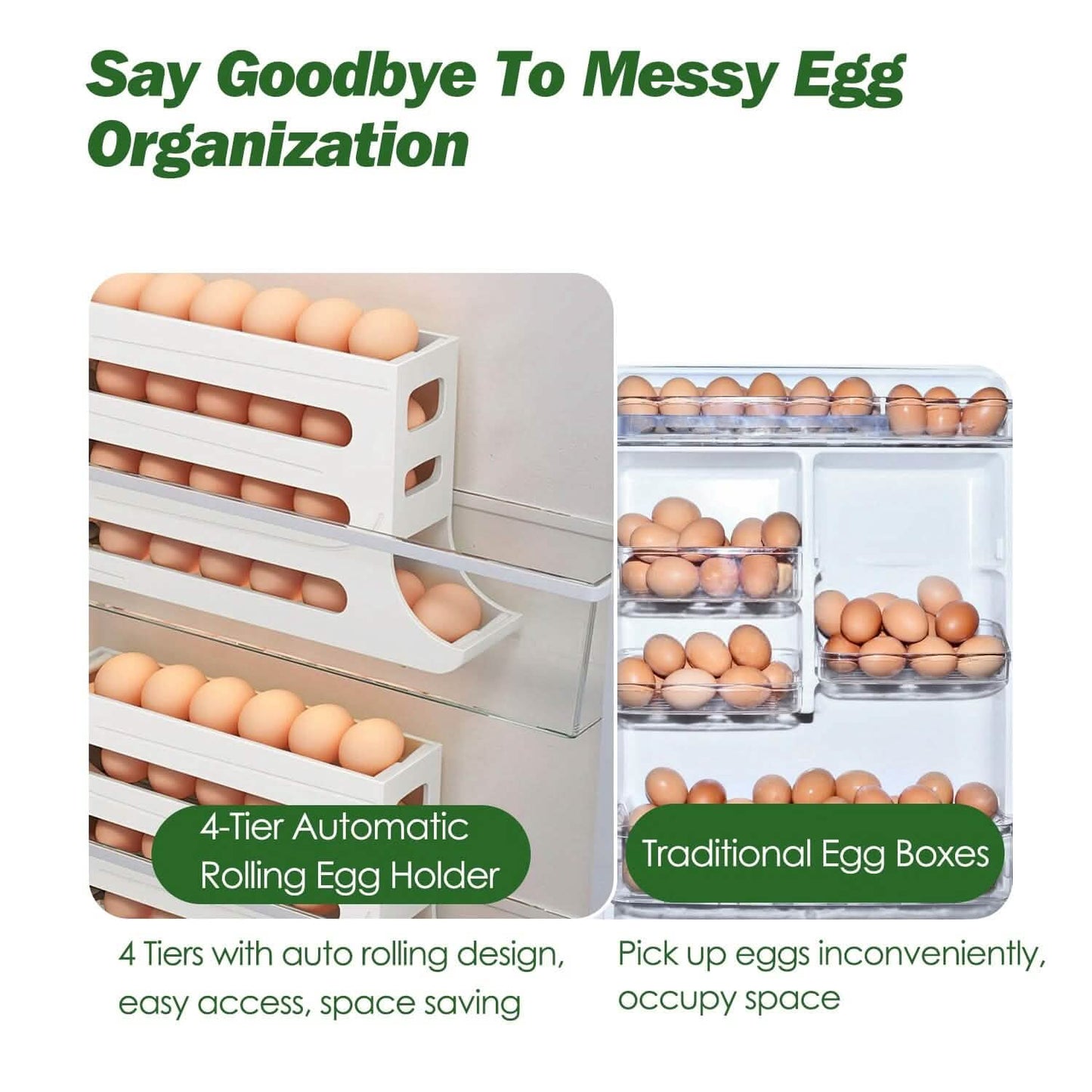 3-teilig: 4-stöckiger Eierhalter, automatisch rollender Kühlschrank-Eier-Organizer