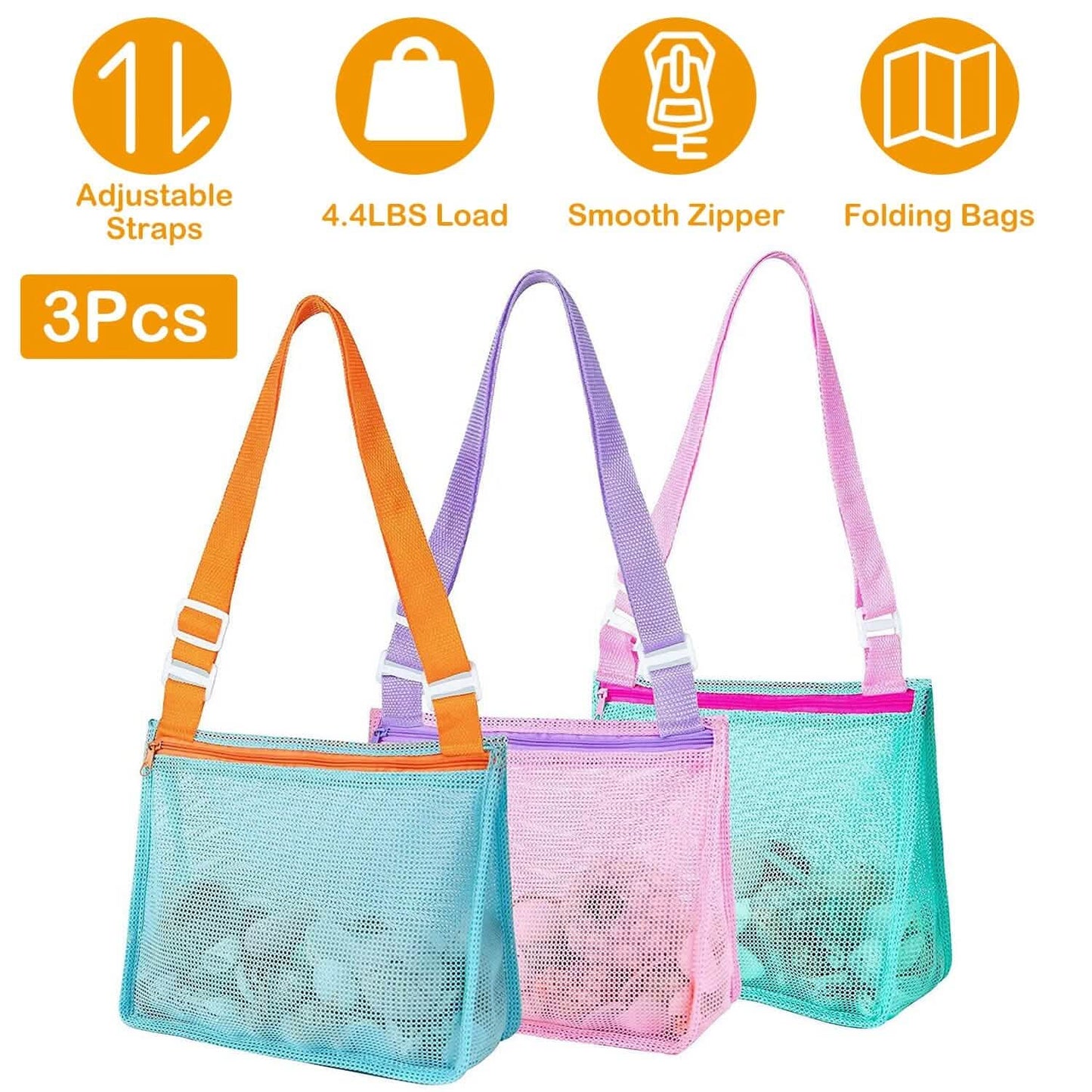 3er-Set: Strand-Netztaschen Muschel-Sandsack