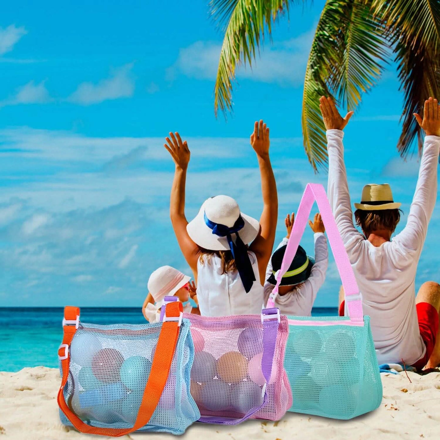 3er-Set: Strand-Netztaschen Muschel-Sandsack