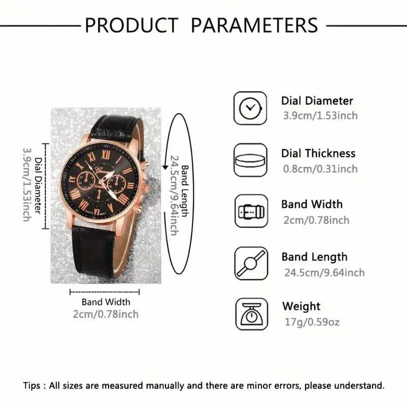 3-teiliges Set: Römische Quarz-Damenuhren – modisches, rundes Zifferblatt mit Kunstlederarmband