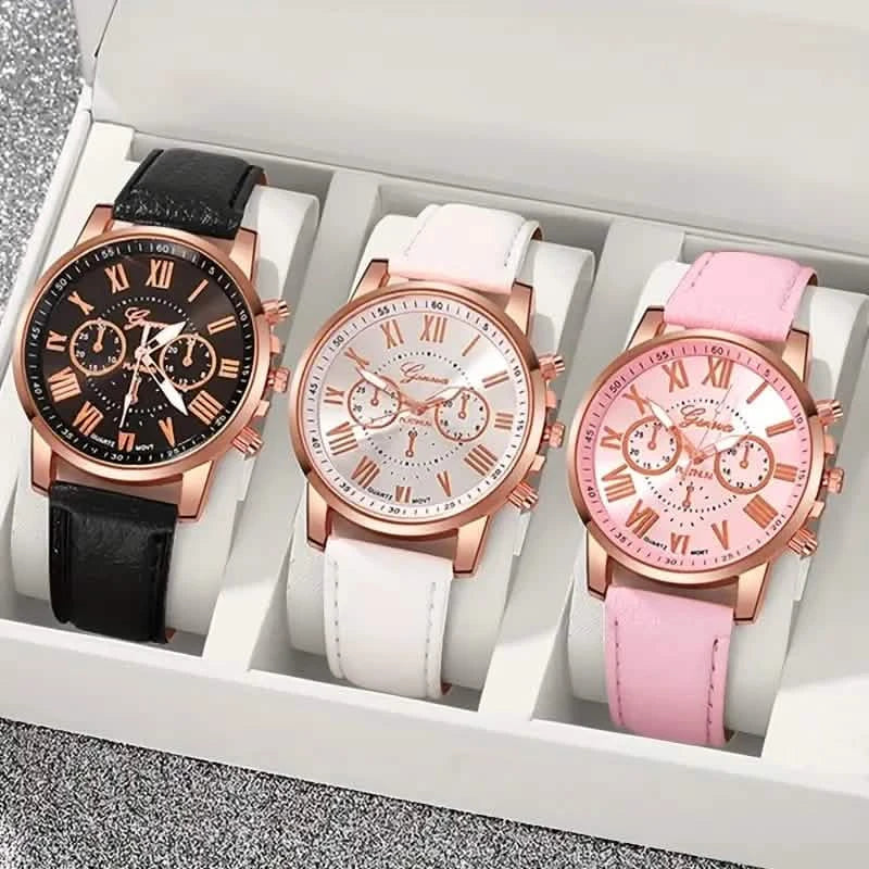 3-teiliges Set: Römische Quarz-Damenuhren – modisches, rundes Zifferblatt mit Kunstlederarmband