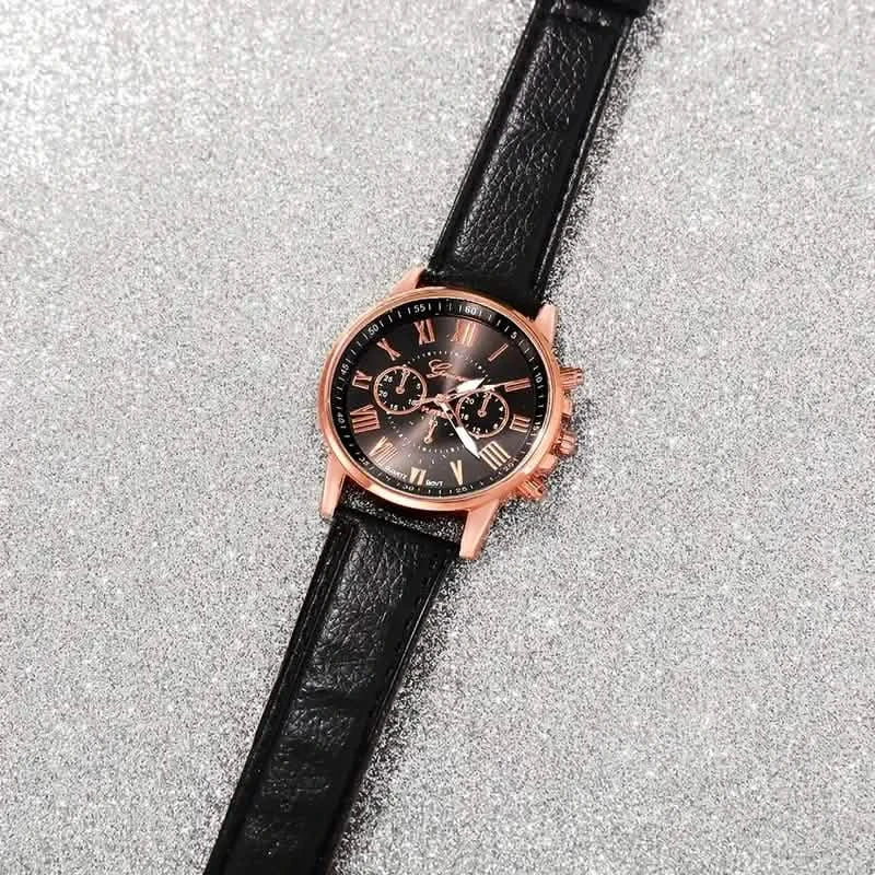 3-teiliges Set: Römische Quarz-Damenuhren – modisches, rundes Zifferblatt mit Kunstlederarmband