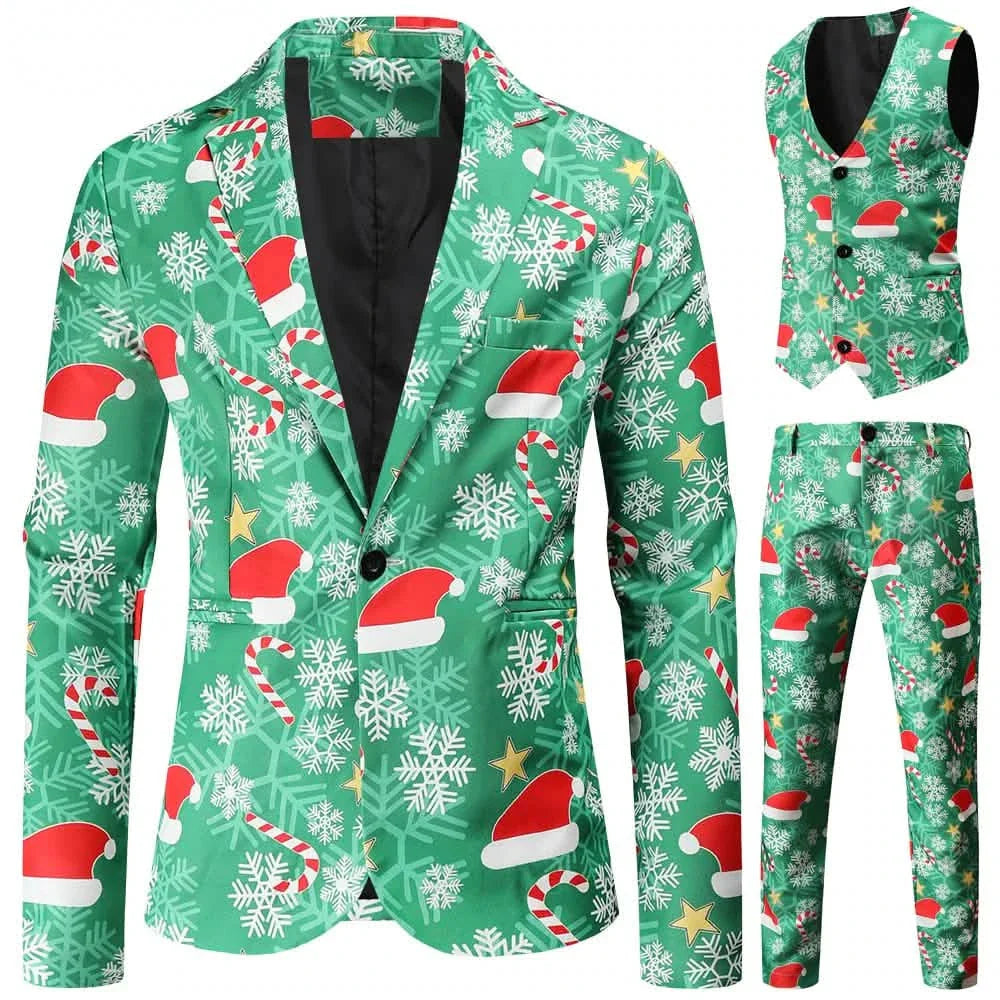 3-teiliges Set: Lustige, hässliche Weihnachts-Kostüme für Herren – Kompletter Weihnachtsanzug: Inklusive Sakko, Hose
