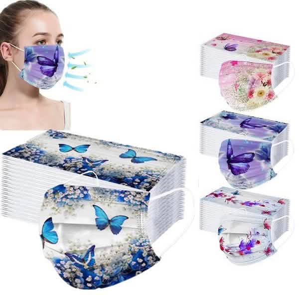3-lagige Gesichtsmaske mit Ohrenschlaufen und Schmetterlingsmotiv