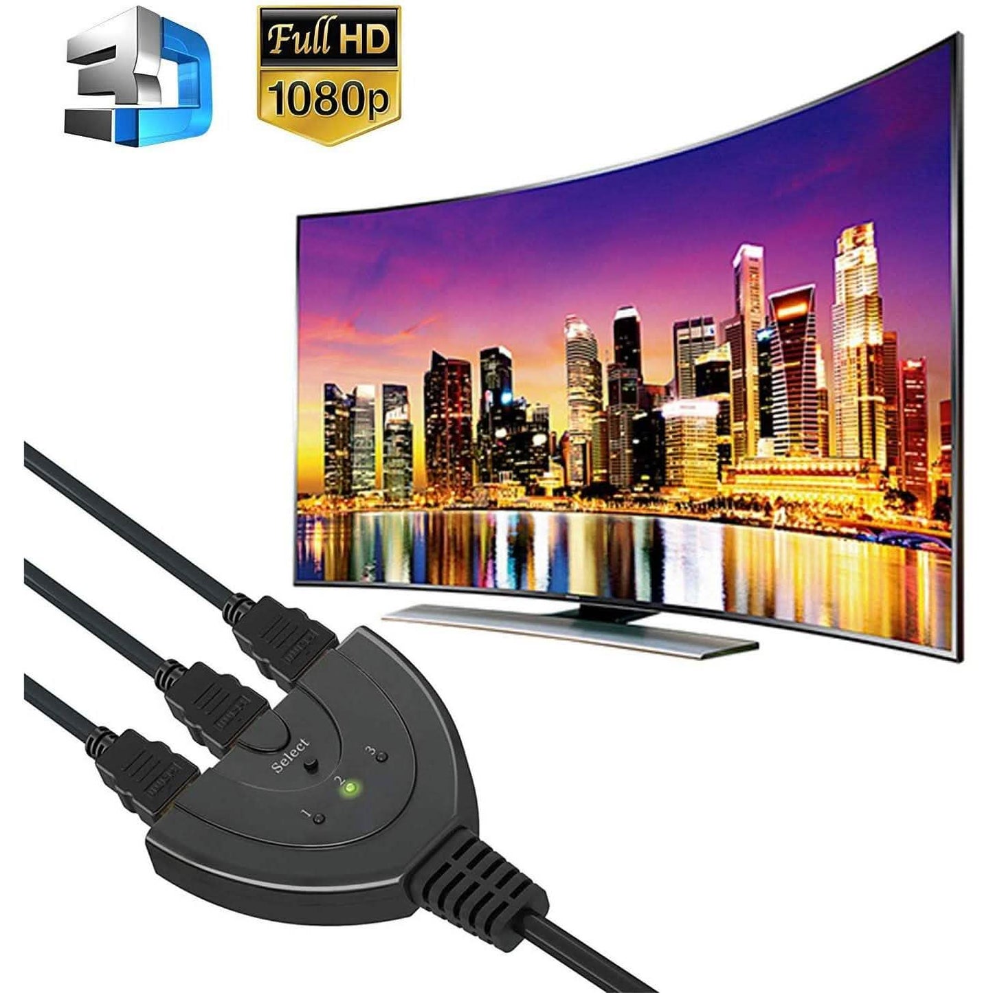 3-Port HDMI Switch, Splitter, unterstützt Full HD1080p, 3D mit High Speed Pigtail Kabel