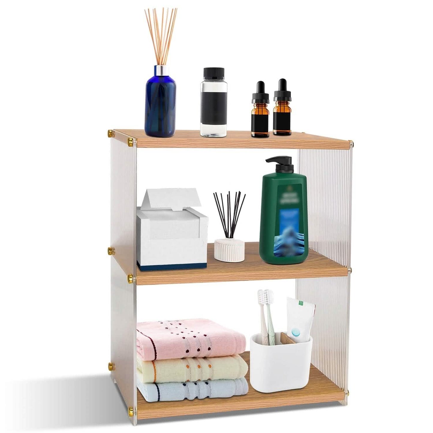 3-stöckig: Acryl-Arbeitsplatten-Organizer Badregal aus Holz