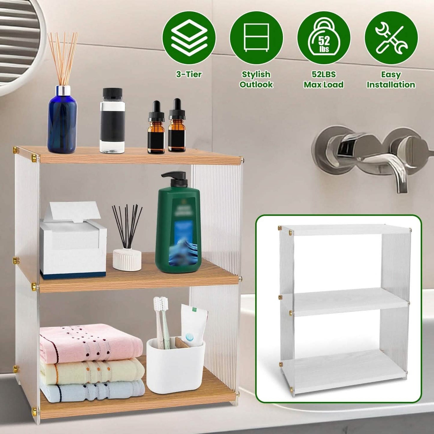 3-stöckig: Acryl-Arbeitsplatten-Organizer Badregal aus Holz