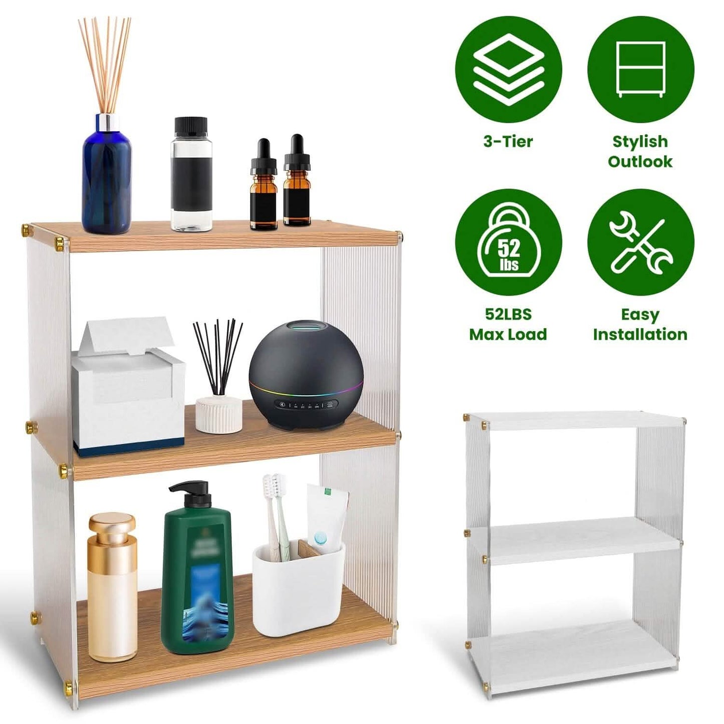 3-stöckig: Acryl-Arbeitsplatten-Organizer Badregal aus Holz