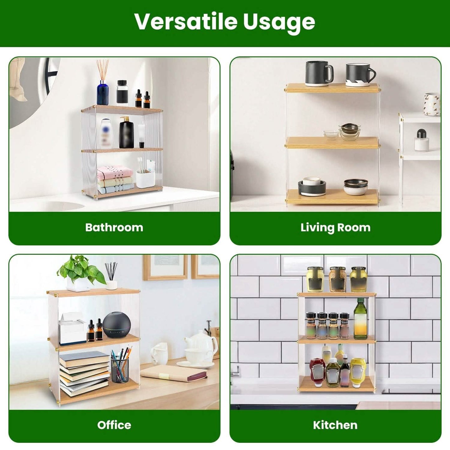 3-stöckig: Acryl-Arbeitsplatten-Organizer Badregal aus Holz