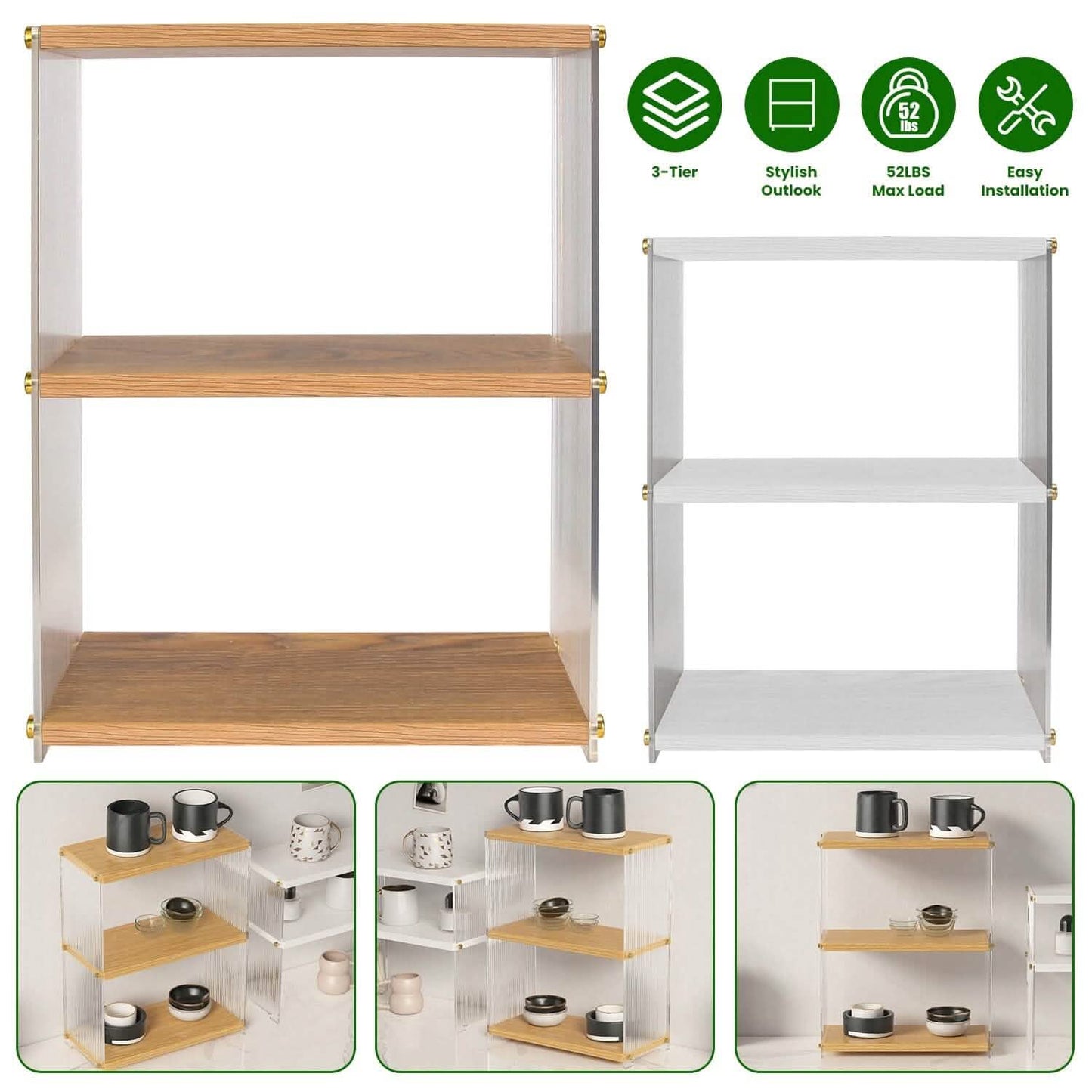 3-stöckig: Acryl-Arbeitsplatten-Organizer Badregal aus Holz