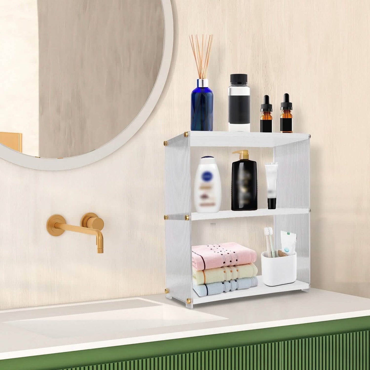 3-stöckig: Acryl-Arbeitsplatten-Organizer Badregal aus Holz