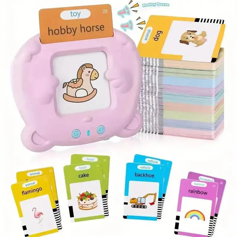 Lernspielzeug Flash-Karten – 112 Karten, 224 Wörter | USB wiederaufladbares Lese-Spielzeug für Kinder (Rosa/Blau)
