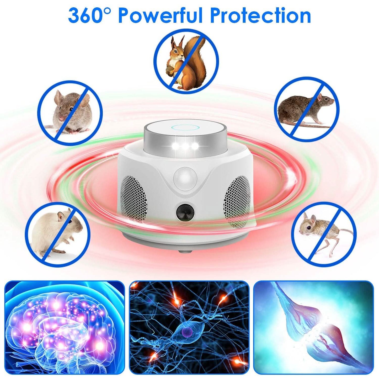 360° Ultraschall-Mäusevertreiber für Innenräume mit 3 Modi und 9 Stroboskoplichtern