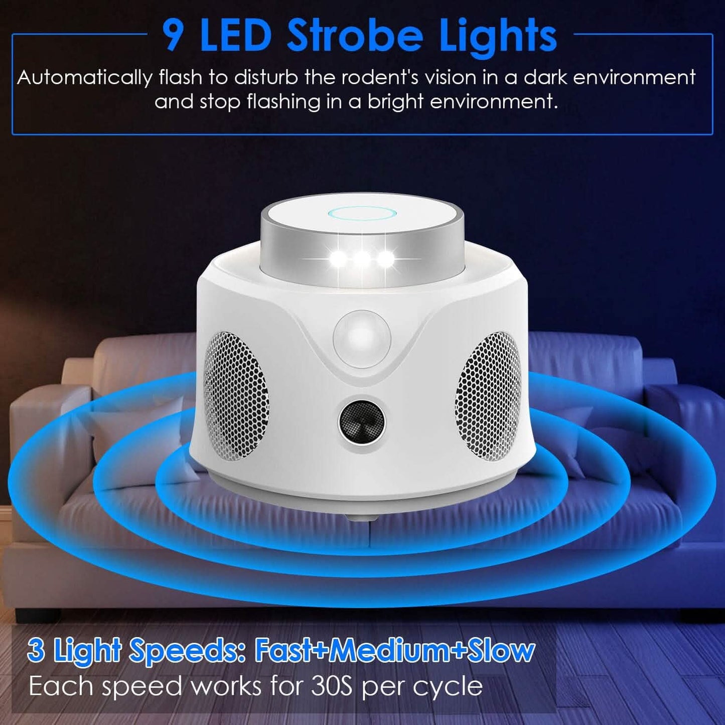 360° Ultraschall-Mäusevertreiber für Innenräume mit 3 Modi und 9 Stroboskoplichtern