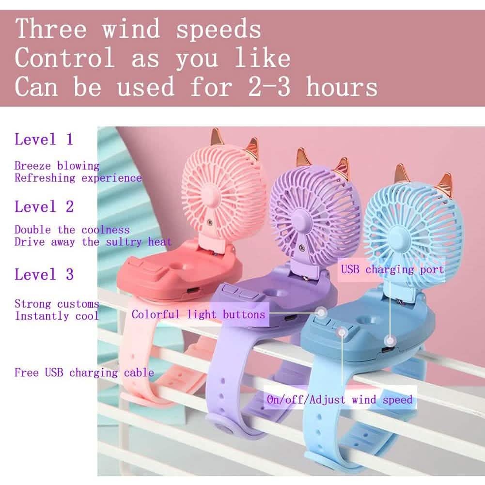 360° drehbarer tragbarer Handgelenkriemen Mini-Uhr Handventilator Katzendesign für Kinder