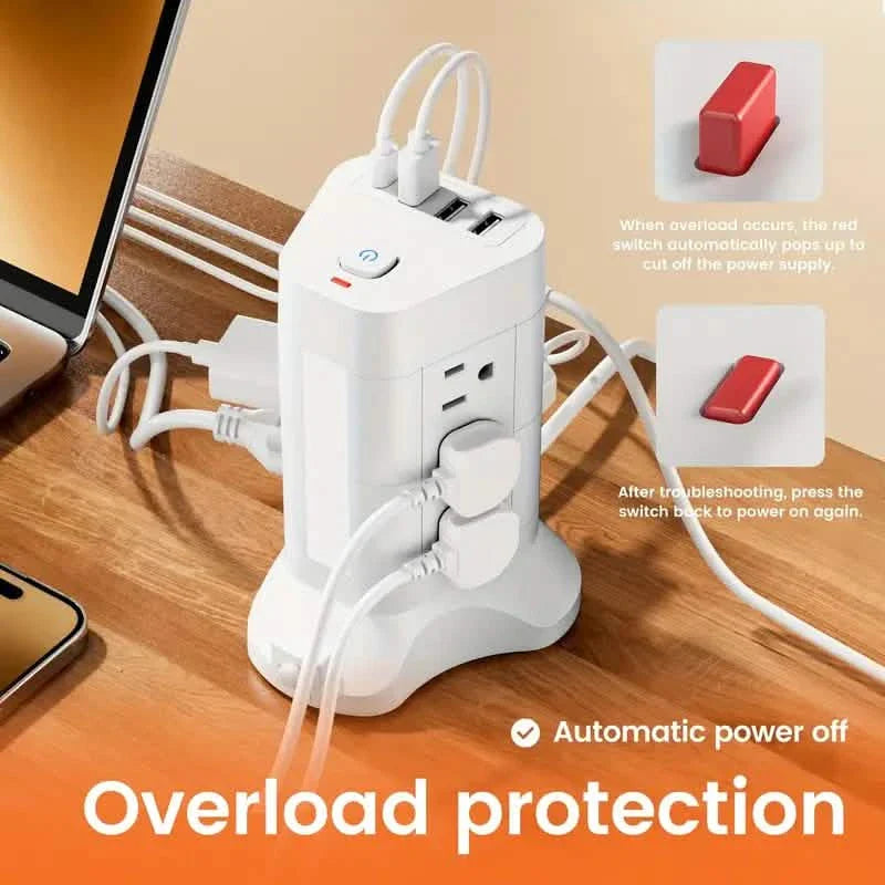 14-in-1 Steckdosenleisten-Turm mit 4 USB-Anschlüssen & 9 AC-Steckdosen, 3m Verlängerungskabel, Einstellbares 3-Farben-Nachtlicht