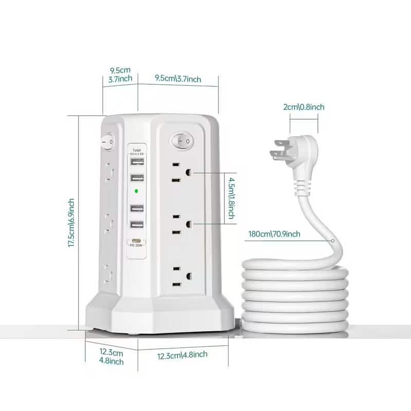 Überspannungsschutz-Turm 1800J mit 4 USB-A-Anschlüssen, USB-C-Anschluss (PD18W), 12 AC-Steckdosen und 3 m Kabel