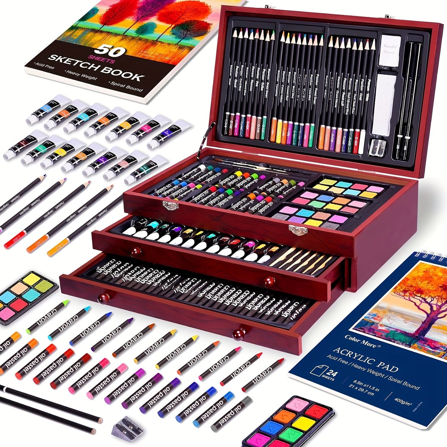 175-teiliges Deluxe-Kunstset – Buntstifte, Farbstifte und Acrylfarben im Holzkoffer