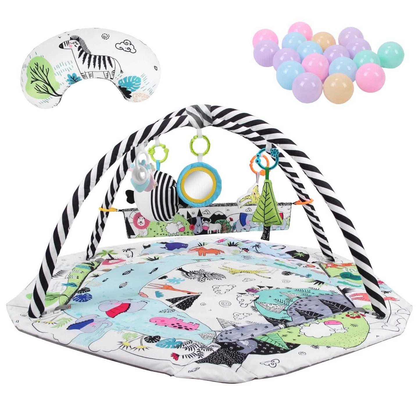 4-in-1 Baby-Spieldecke mit Bällebad und Kissen, 18 Bällen, 9 Spielsachen für 0-3 Jahre