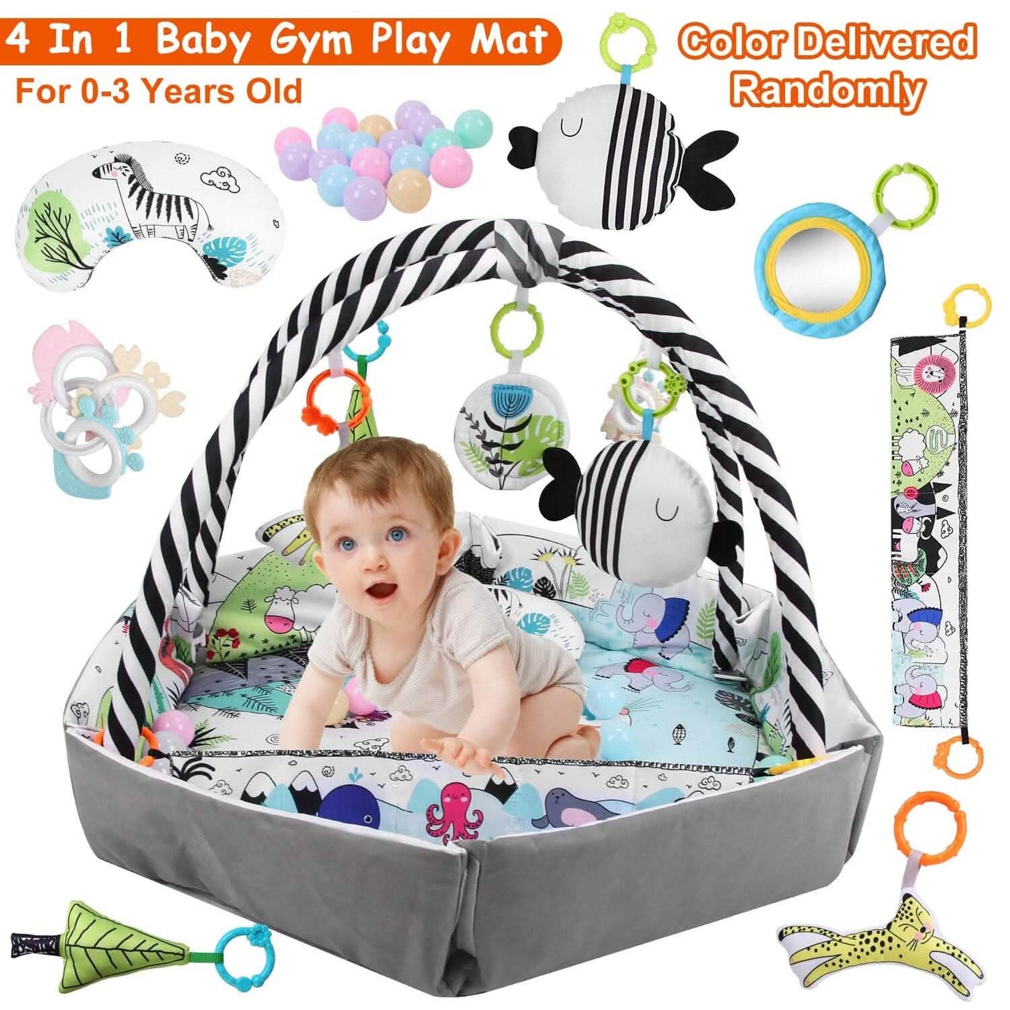 4-in-1 Baby-Spieldecke mit Bällebad und Kissen, 18 Bällen, 9 Spielsachen für 0-3 Jahre
