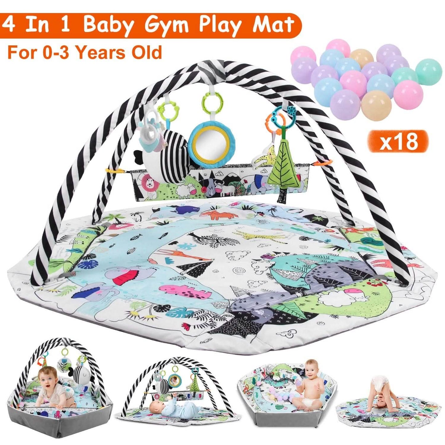 4-in-1 Baby-Spieldecke mit Bällebad und Kissen, 18 Bällen, 9 Spielsachen für 0-3 Jahre