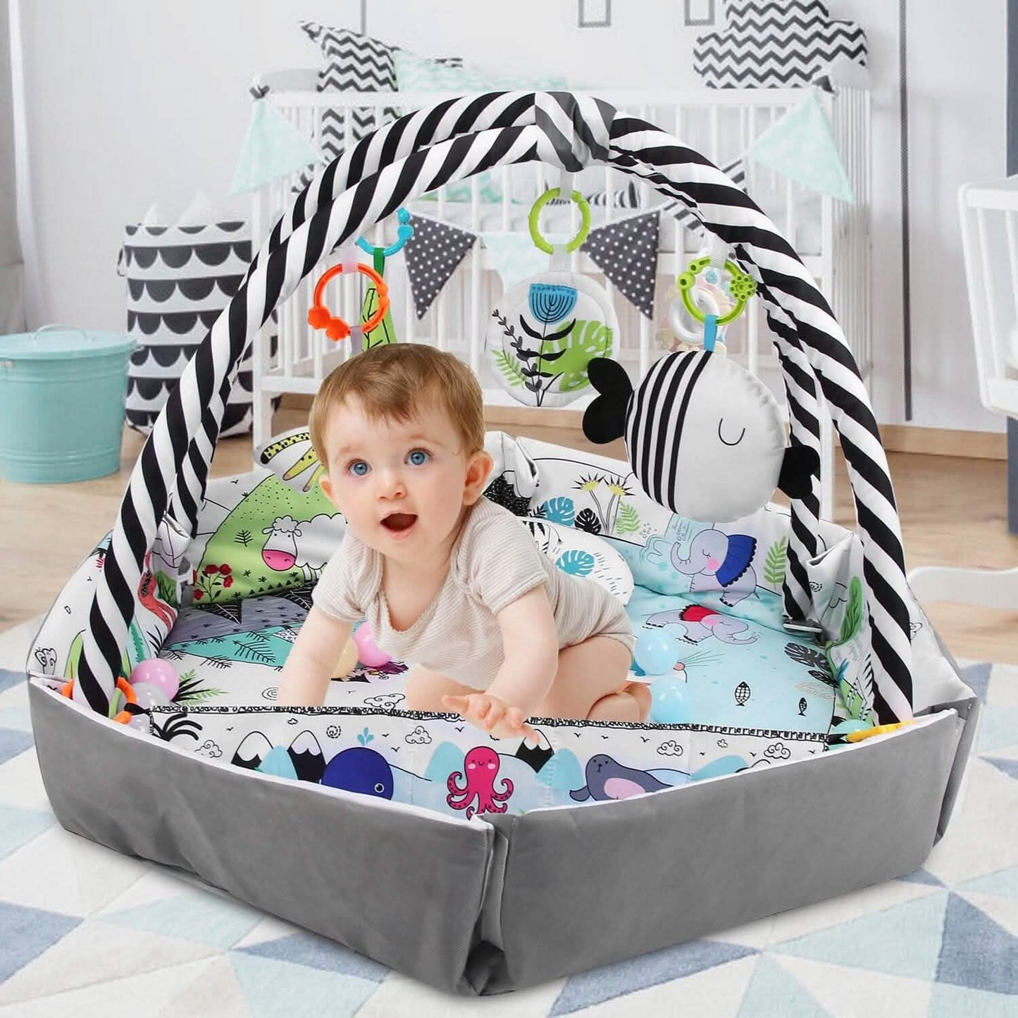 4-in-1 Baby-Spieldecke mit Bällebad und Kissen, 18 Bällen, 9 Spielsachen für 0-3 Jahre